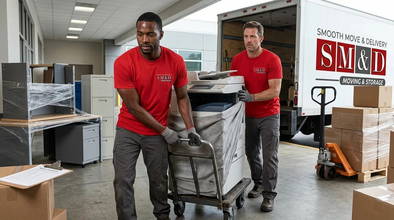 Smooth Move & Delivery office moving crew handling business furniture and equipment.