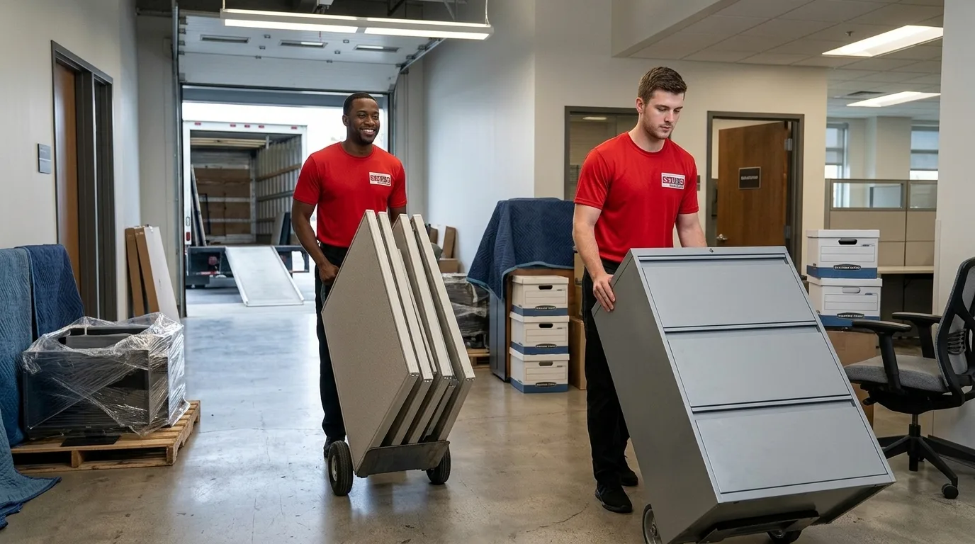 Smooth Move & Delivery office movers preparing desks and workstations.