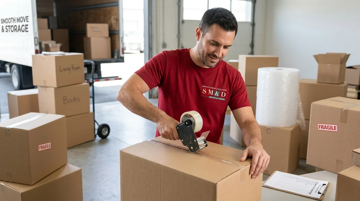 Smooth Move & Delivery packout crew organizing belongings for protection and storage.