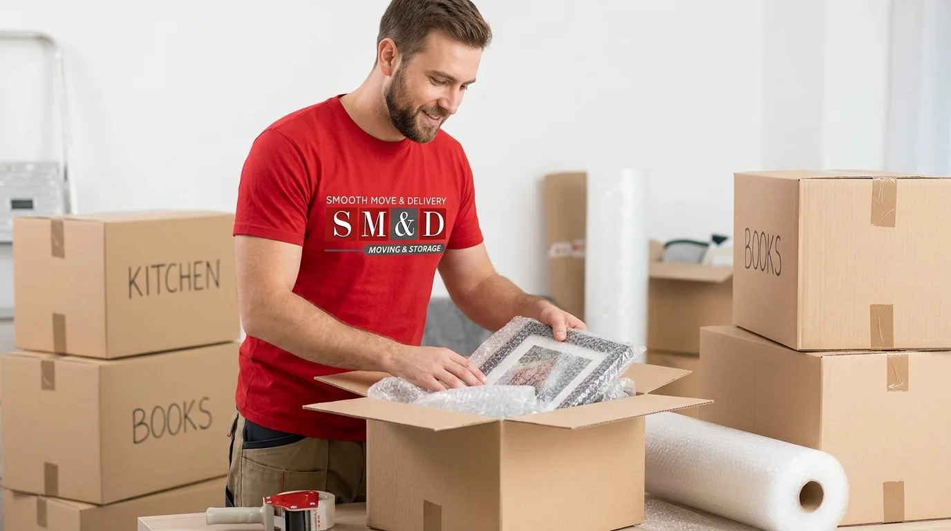 Smooth Move & Delivery packout crew preparing items for inventory and protected storage.
