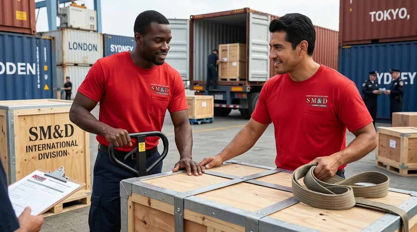 Smooth Move & Delivery international moving crew preparing items for global transport.