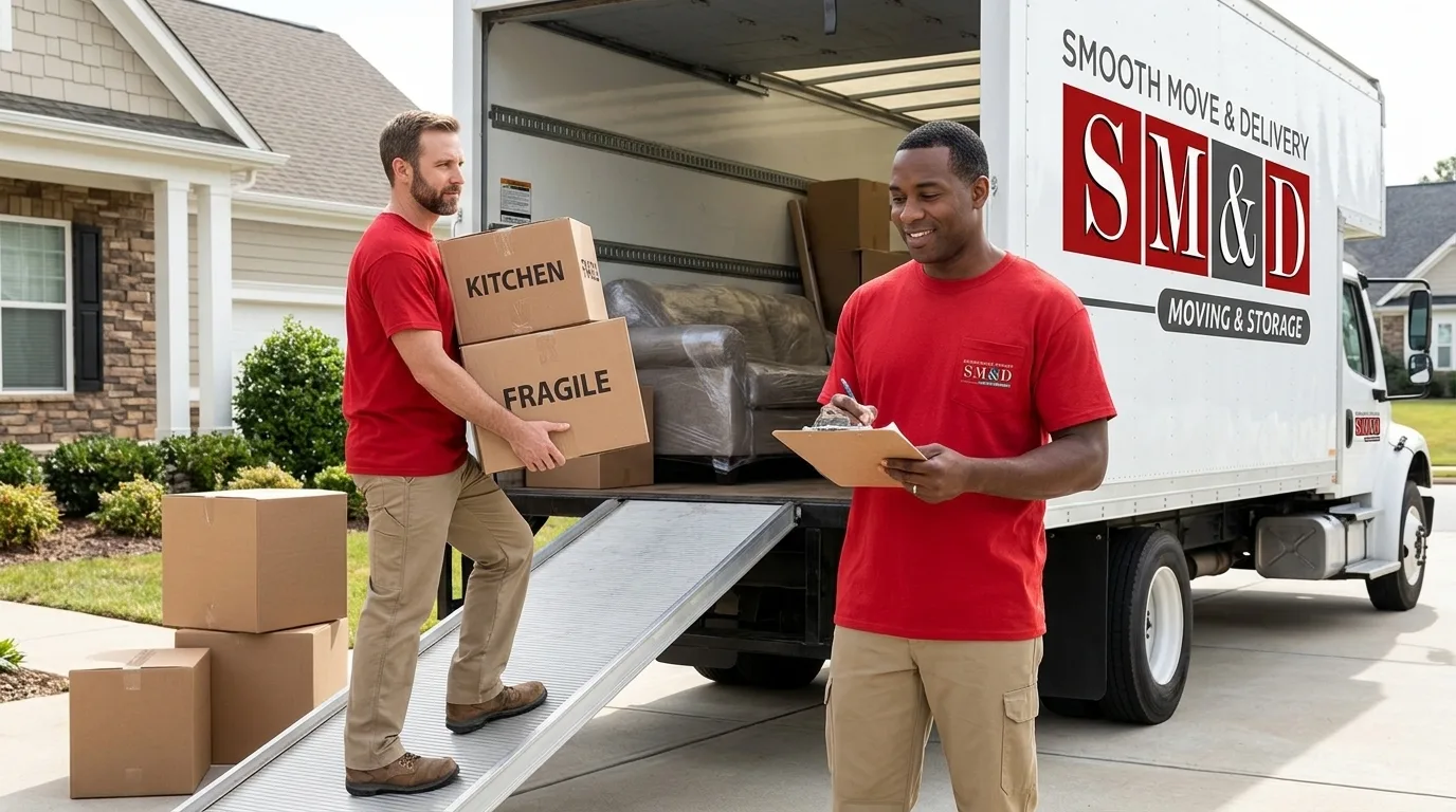 Smooth Move & Delivery long distance movers preparing items for transport.