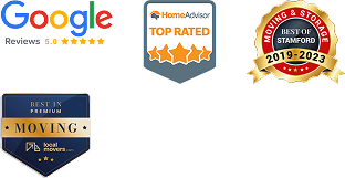 Google 5-star reviews, HomeAdvisor Top Rated, Best of Stamford 2019-2023, and Local Movers Best in Premium Moving awards